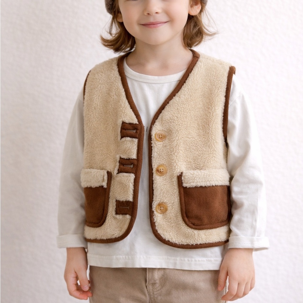 Toddler Sherpa Vest w/ Corduroy Trim | Tan & Brown | Cozy Fleece | 2T